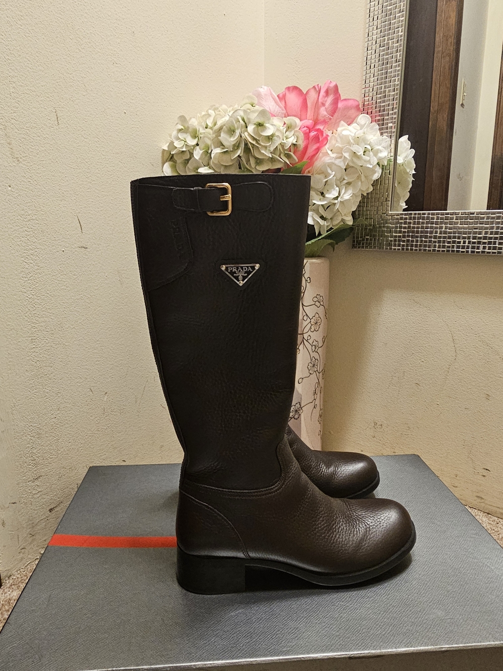 Prada Dark Brown Leather Knee-High Riding Boots
